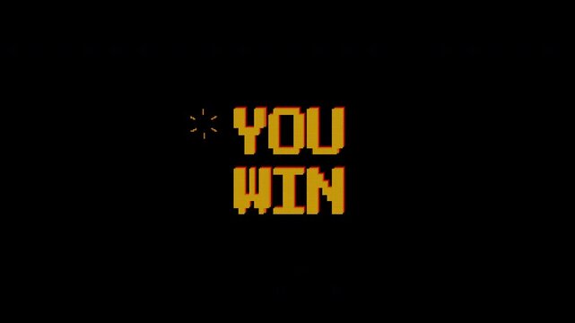 You win animation text on 8 bit retro game black background. 4k video. Perfect for video game or opening old video style.