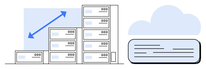 Data servers stacked in increasing order connected to cloud storage with an upward arrow symbolizing scalability. Ideal for technology, data storage, cloud integration, growth, infrastructure, IT