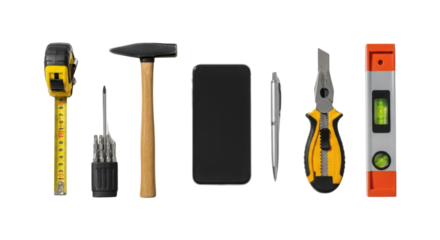 Collection of work tools laid out in a row isolated PNG with Transparent Background