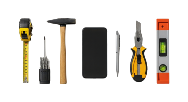 Collection of work tools laid out in a row isolated PNG with Transparent Background