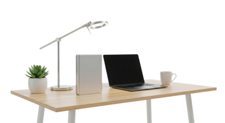 Laptop, desk lamp, plant and coffee cup on a work desk isolated PNG with Transparent Background