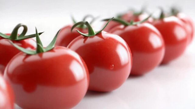 A row of glossy red cherry tomatoes on a vine.