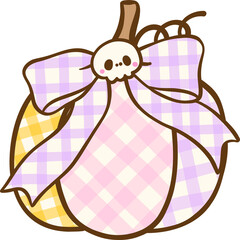 Cute Coquette Gingham Halloween, Checkered Pastel Pumpkin with Skull Ribbon Illustration Hand Drawn