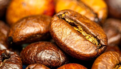 Obraz premium Close up macro shot of roasted coffee beans with detailed textures and rich brown hues