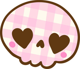 Cute Coquette Gingham Halloween Skull with Heart Eyes Illustration Hand Drawn