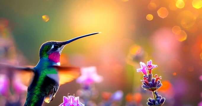 A vibrant hummingbird hovers gracefully amidst a bokehlit garden, its wings a blur of motion as it seeks nectar from the colorful blossoms around it