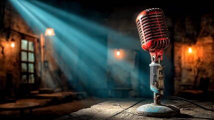 Dramatic stage lighting on old microphone high resolution picture