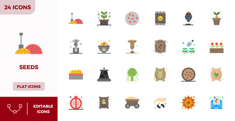 Sophisticated bundle of 24 Flat Color vector icons for Seeds, engineered with 128x128 PIXEL perfect clarity for professional applications.