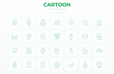 High-performance collection of 28 Thin Outline vector icons for Cartoon, engineered with 128x128 PIXEL perfect resolution for optimal user interface design.