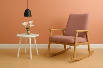 Fototapeta premium Cozy Modern Interior with Pink Rocking Chair, White Side Table, Vase of Flowers, and Black Pendant Lamp Against Warm Orange Wall