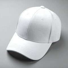 A plain white baseball cap rests on a gray background