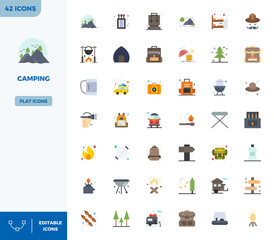 This set of 42 Flat Color vector icons captures Camping themes in 128x128 PIXEL perfect quality, perfect for tech and business applications.