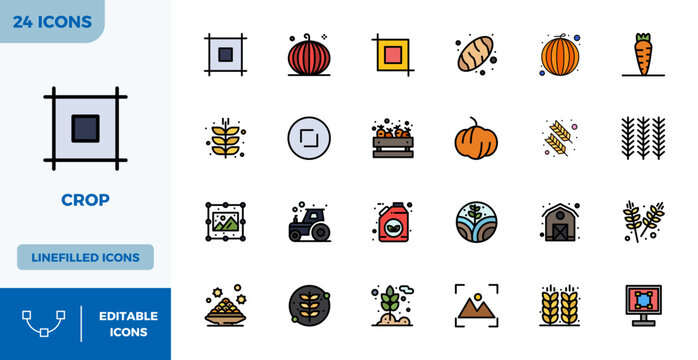 Download 24 scalable Flat Lineal Color vector icons designed for Crop, featuring PIXEL perfect 128x128 resolution suitable for professional and creative projects.