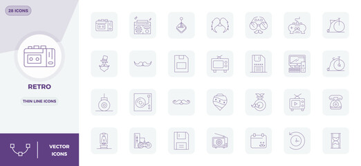 State-of-the-art bundle featuring 28 PIXEL perfect vector icons inspired by Retro, created in Thin Line format at 128x128 for next-generation interfaces.