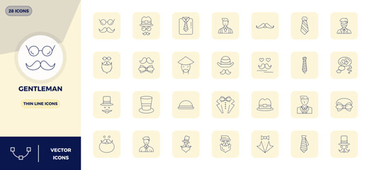 Transform your designs with 28 Thin Line vector icons themed around Gentleman, engineered in 128x128 PIXEL perfect resolution for maximum clarity.