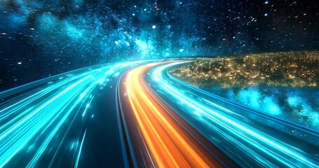 A breathtaking digital artwork of a highway at night with light trails and a starry sky, capturing the essence of speed, travel, and cosmic wonder