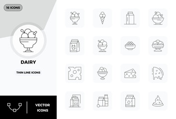 This set of 16 Thin Line vector icons captures Dairy themes in 128x128 PIXEL perfect quality, perfect for tech and business applications.