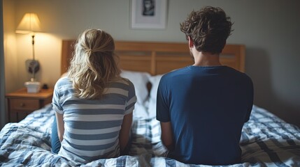 A married couple sits in bed turned away from each other, representing relationship problems, conflict, and emotional distance. A concept for silent treatment, disagreement, or a failing marriage.