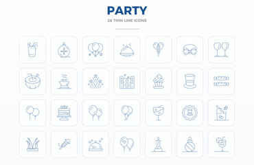 Download 28 scalable Thin Outline vector icons designed for Party, featuring PIXEL perfect 128x128 resolution suitable for professional and creative projects.