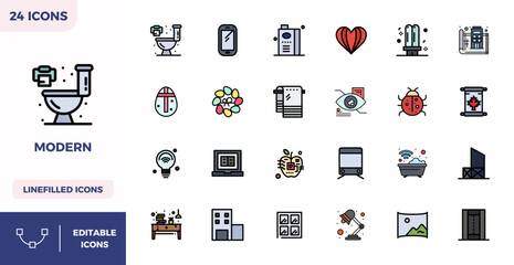 Advanced collection of 24 PIXEL perfect vector icons inspired by Modern, crafted in Flat Lineal Color with 128x128 optimization for superior visual performance.