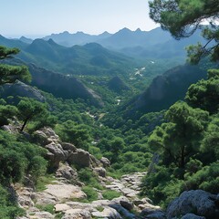 Obraz premium Mountain vista, lush green valleys, rocky path