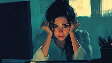 An exhausted employee is staring against her computer screen in a dark office, working late. A concept for burnout, dedication, tight deadlines, and an unhealthy work-life balance.