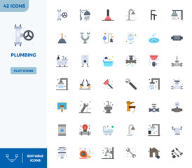 A clean collection of 42 Flat Color vector icons representing Plumbing, designed in 128x128 PIXEL perfect format for modern dashboards and interfaces.