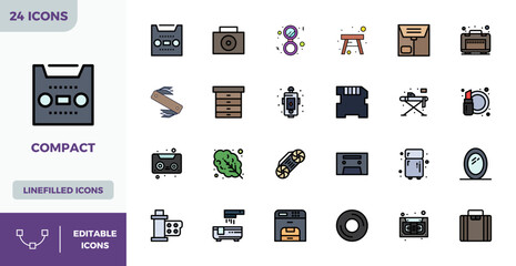 Distinctive pack of 24 PIXEL perfect vector icons inspired by Compact, crafted in Flat Lineal Color format at 128x128 for memorable brand experiences.