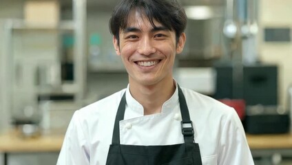 Smiling asian chef in a professional kitchen wearing a white uniform and black apron ready to cook delicious meals for customers in his restaurant today