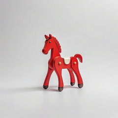 Children's wooden toy of a red horse on a white background
