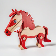 Children's wooden toy of a red horse on a white background