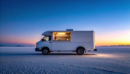 White Food Truck on Salt Flat at Sunset