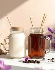 Two mason jar drinks, one milk, one coffee, with straws and coffee beans.