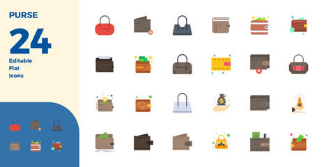 Vector pack with 24 Flat PIXEL perfect icons inspired by Purse, delivered in 128x128 resolution ideal for scalable and creative design work.