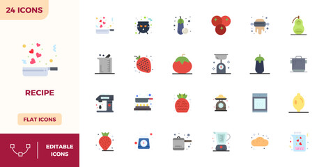 Vector pack with 24 Flat Color PIXEL perfect icons inspired by Recipe, delivered in 128x128 resolution ideal for scalable and creative design work.