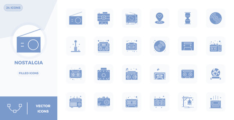 Collection of 24 Filled PIXEL perfect vector icons for Nostalgia, designed in 128x128 format for clarity and versatility.