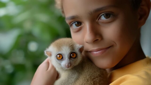 Young boy embracing a slender loris with joyful expression in natural setting