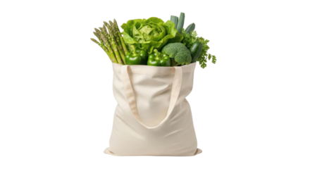 Canvas bag filled with fresh green vegetables isolated PNG with Transparent Background