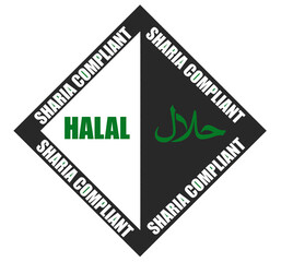 Text design featuring Sharia Compliant and Halal in both Arabic and English, symbolizing Islamic finance, halal certification, faith, culture, business, and global trade concepts.