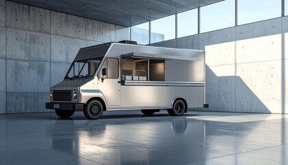 Modern Gray Food Truck in a Concrete Garage