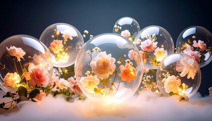 Floating Glass Orbs with Flowers and Lights in Artistic Composition