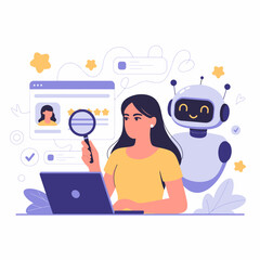 Woman analyzing online reviews with assistance from a helpful robot assistant