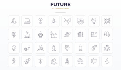 Innovative pack of 32 vector icons themed around Future, showcasing Thin Outline design in 128x128 PIXEL perfect format for modern digital solutions.