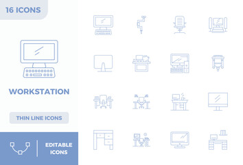 Carefully curated 16 Minimal Line vector icons for Workstation, featuring 128x128 PIXEL perfect resolution for consistent brand representation and user experience.