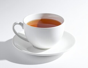 White teacup and saucer, filled with amber liquid
