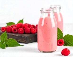 Raspberry smoothie in glass bottles