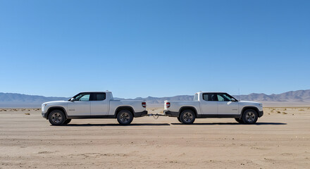 Two white pickup trucks driving in a desert landscape under a clear blue sky