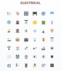 Contemporary collection of 42 vector icons representing Electrical in Minimal Flat aesthetic, featuring 128x128 PIXEL perfect resolution for modern application development.