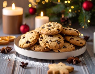 A plate of chocolate chip cookies sits on a wooden surface, surrounded by Christmas decorations