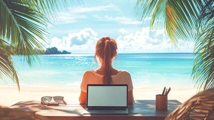 A woman works on her laptop while on a beach vacation, unable to disconnect. This image illustrates the struggle for work-life balance and the "always on" work culture.